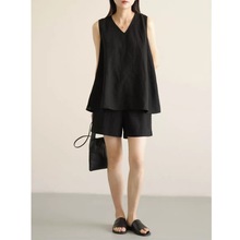 夏款亚麻 女士V领背心 纯色+宽松阔腿短裤两件套