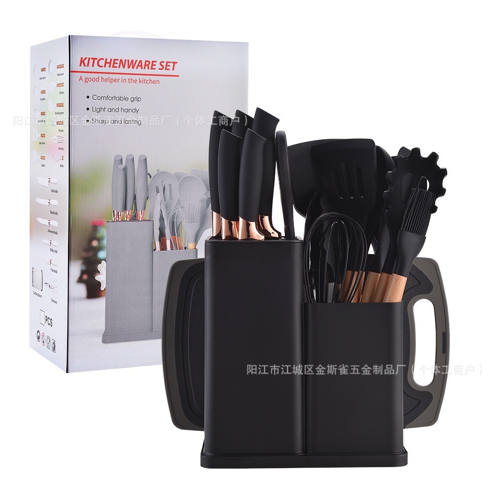 19 piezas de fábrica de cocina de silicona cocina antiadherente resistente a altas temperaturas con cuchillos de silicona con barril de almacenamiento