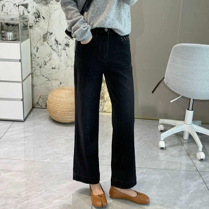 Slimming effect! Black and gray four-way stretch straight-leg jeans, high-waisted, cropped, and suitable for petite women, perfect for autumn Slimming effect! Black and gray four-way stretch straight-leg jeans, high-waisted, cropped, and suitable for petite women, perfect for autumn