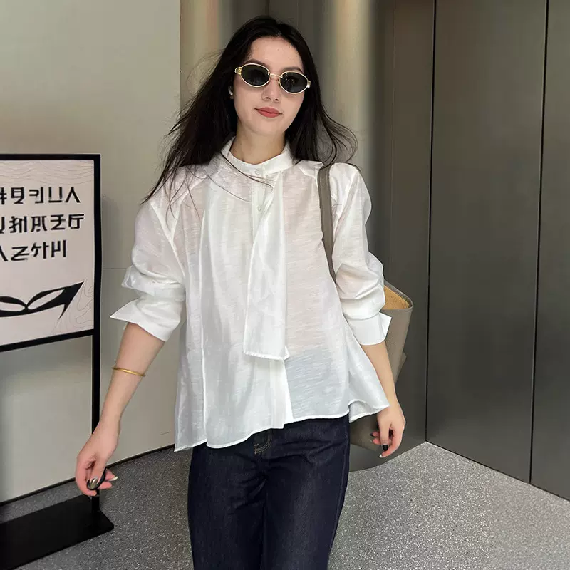 莱赛尔醋酸天丝法式高级感飘带半透衬衫女2025早秋款宽松白色衬衣