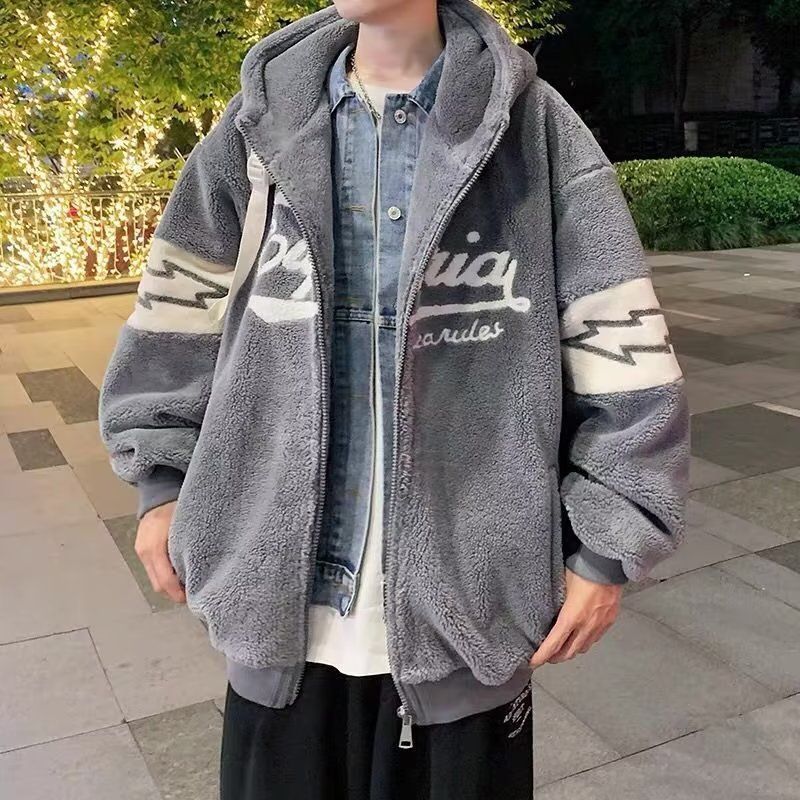 羊羔绒外套男士秋冬季衣服加绒加厚保暖连帽夹克男装潮牌棉袄褂子