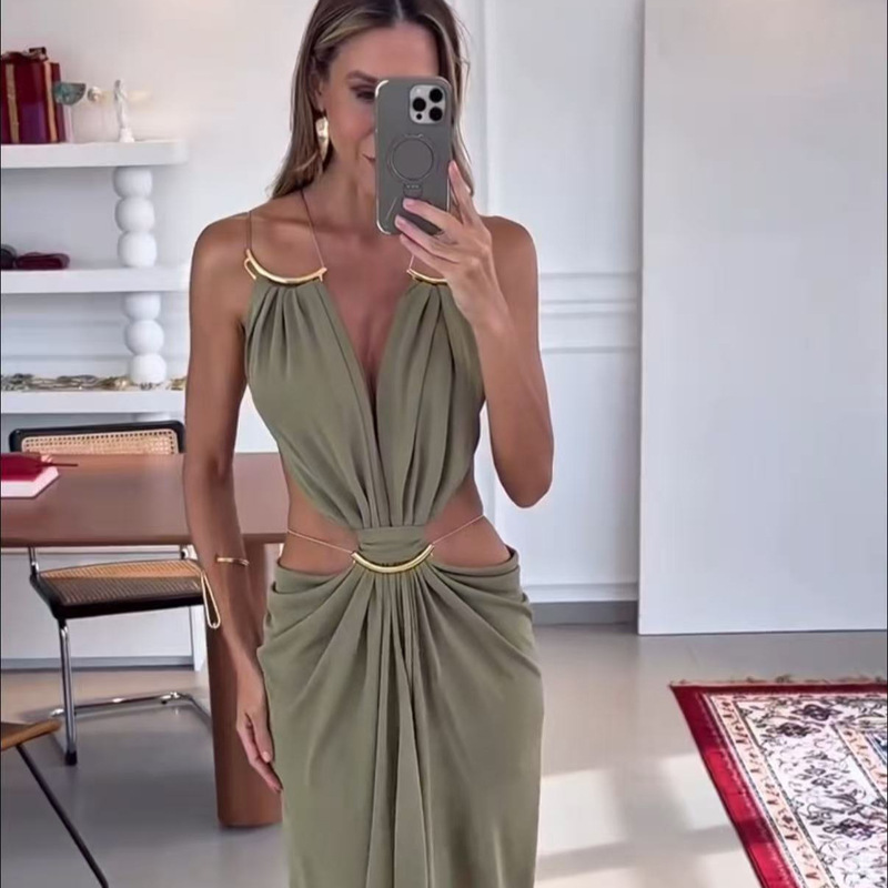 2026 New European and American Summer Long Dress, Cross-Border European and American Style, Elegant Hollow-Out Waist-Revealing Sleeveless Halter Dress