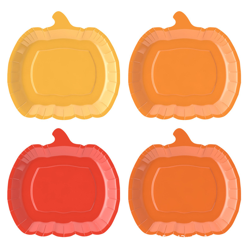 Cross-Border Hot Selling Pure Color 9-Inch 8Pcs Disposable Pumpkin Shaped Paper Plate Decorative Tableware Suitable for Thanksgiving Party