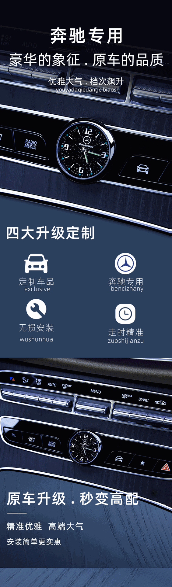 Applicable to Mercedes-Benz C260L E300L GLC car central control clock Universal watch modification