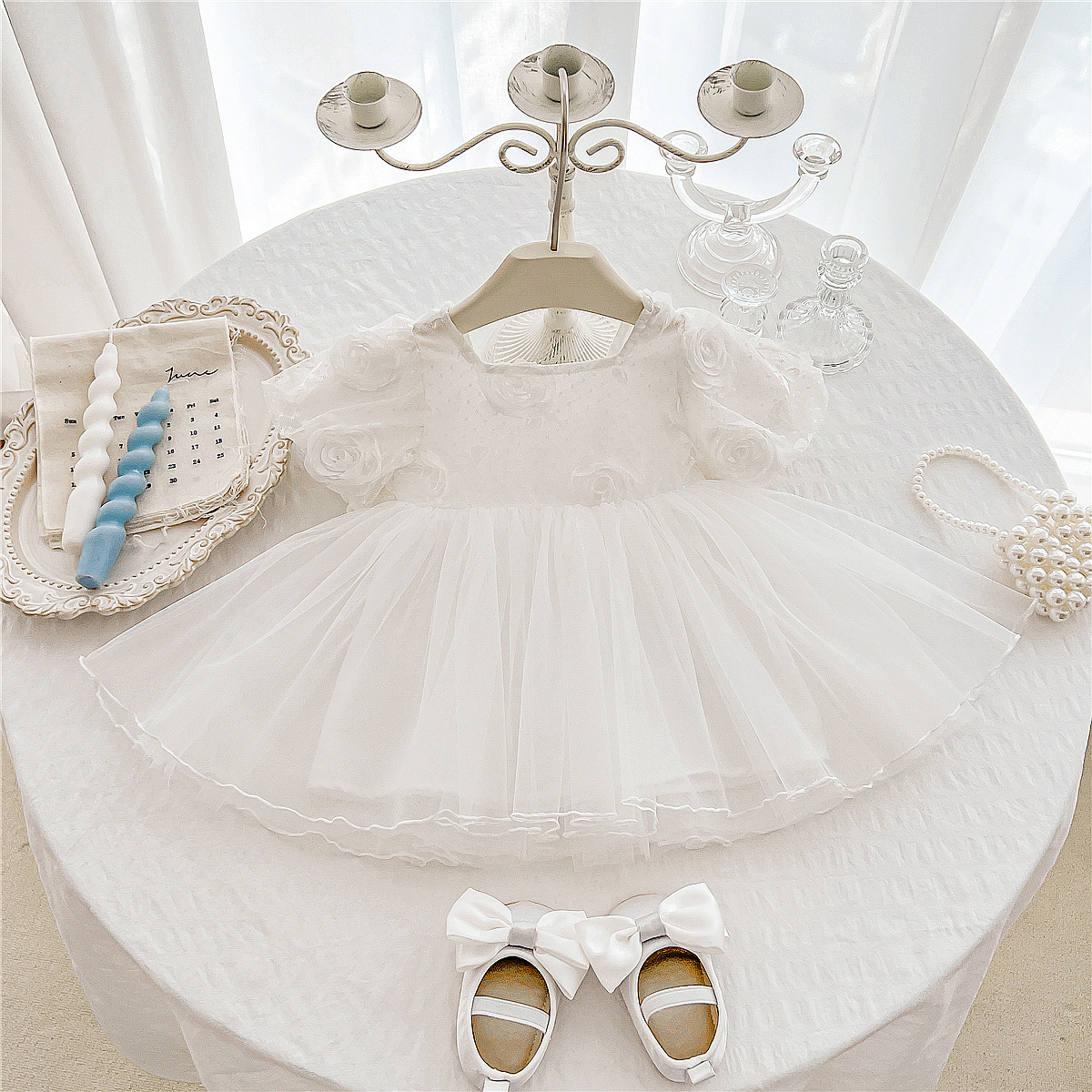 Baby Girl Short-Sleeved Lace Princess Mesh Dress Summer 100-Day Birthday Dress Dress Little Girl