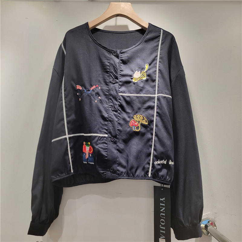 High-End European Goods 2026 Spring New Embroidered Cartoon Round-Neck Loose Long-Sleeved Shirt Jacket Top for Women High-End European Goods 2026 Spring New Embroidered Cartoon Round-Neck Loose Long-Sleeved Shirt Jacket Top for Women