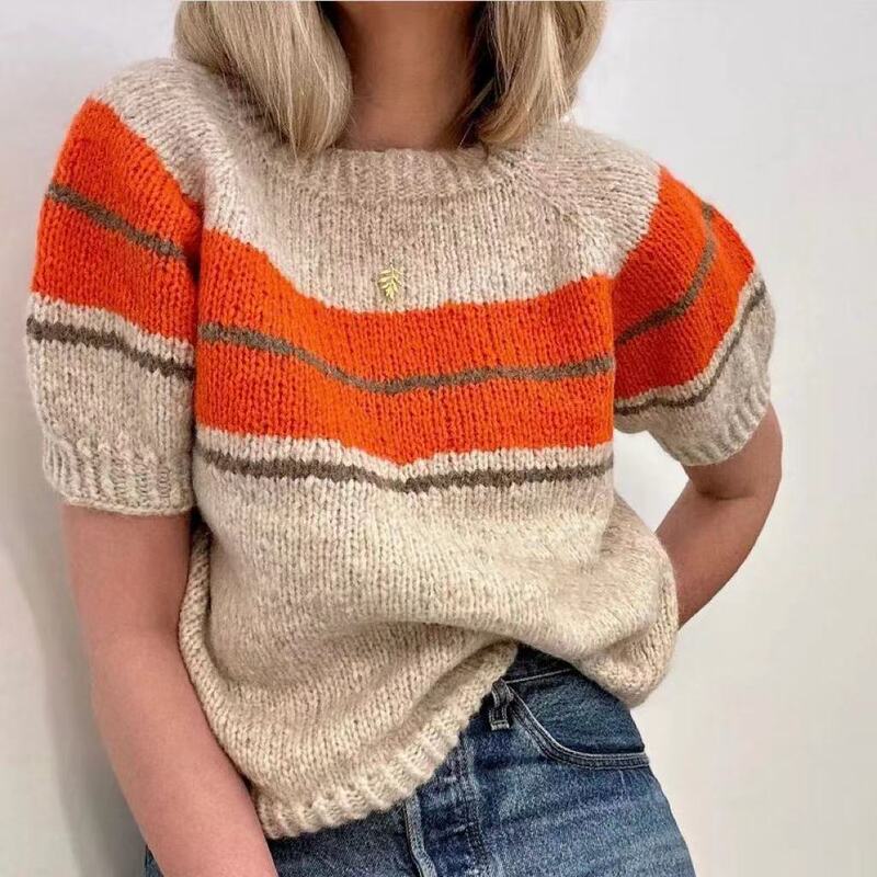 European and American Women's Autumn and Winter 2024 New Sweater Casual Stitching Contrast Color Knitted Color Changing Short Sleeve Top Sweater for Women