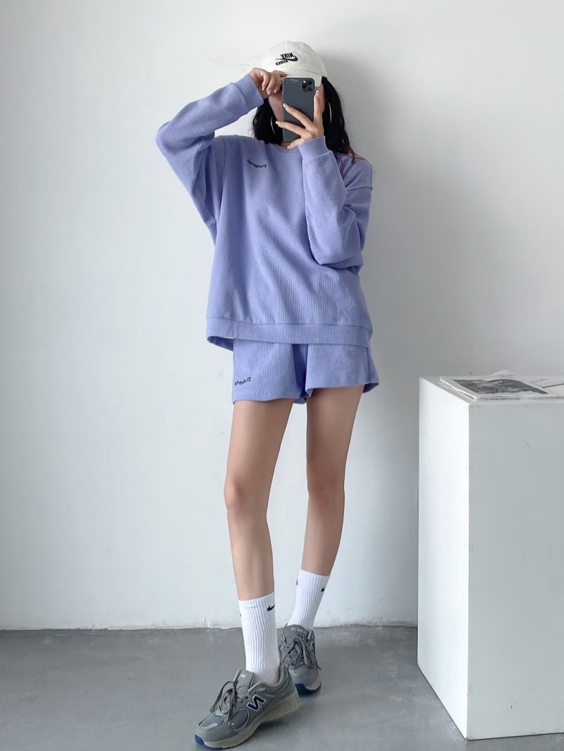 Round neck long-sleeved loose sweatshirt letter embroidered elastic waist shorts set NSXDX135744