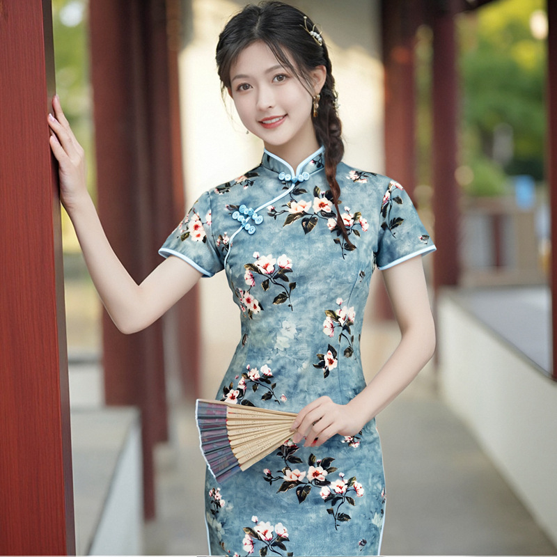 반팔 롱 치파오 [화루오시] - 그레이