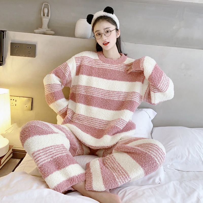 套头睡衣女秋冬季半边绒加厚款新款可爱学生法兰绒家居服套装外穿|undefined