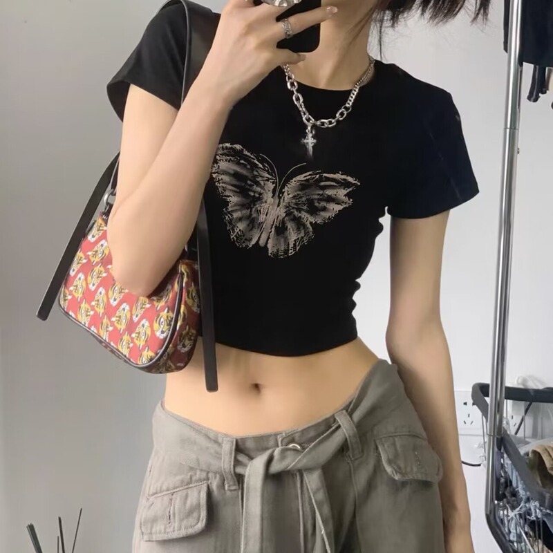 American Retro Black Right Shoulder Short-Sleeved T-Shirt for Women Summer Dopamine Wear French Pinch Waist Shirt Sweet and Spicy Top