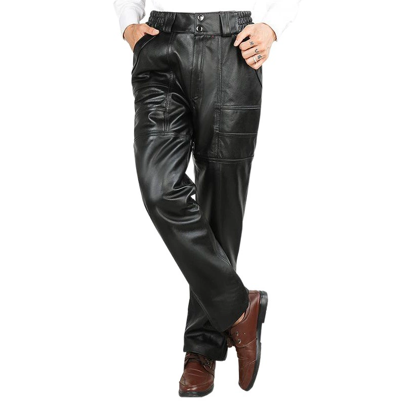 Кожаные брюки мужские кожаные с верхним слоем воловьей кожи теплые мотоциклетные кожаные брюки мужские уличные ветрозащитные мужские брюки с высокой талией