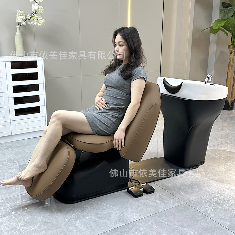 Cama de lavado de cabello eléctrica de lujo, cama de lavado de masaje, asiento ajustable hacia arriba y hacia abajo, cama cerámica de tratamiento de cabello con control de pies