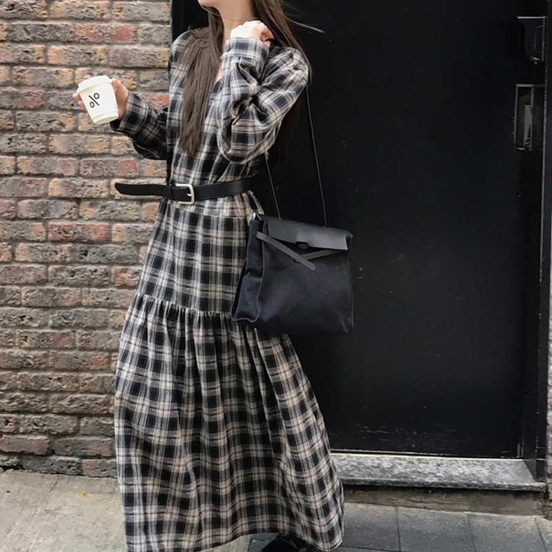 锦倩 复古抽褶设计感V领格子宽松连衣裙女秋艺术感格纹度假长裙女|undefined