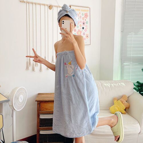Cute rabbit bath skirt wrap coral fleece girls' bath towel and hair cap three-piece set soft and absorbent new style bathrobe