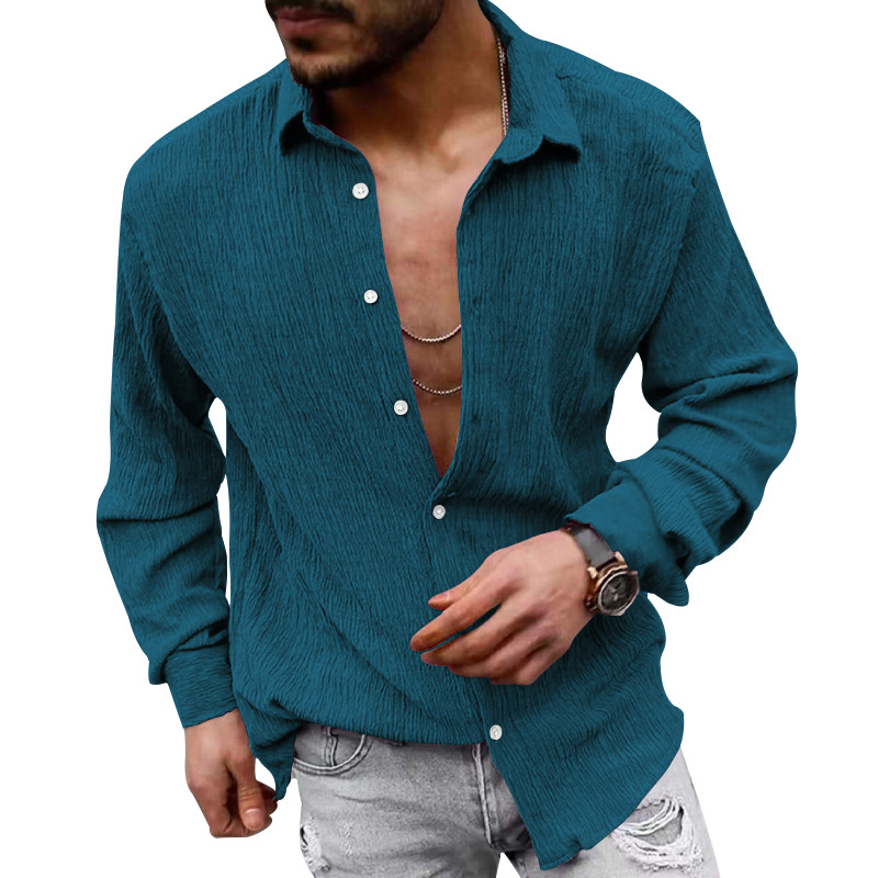 2023 Amazon camisa de manga larga de los hombres de primavera y otoño suelta más tamaño de la burbuja de tela de color sólido solapa camisa casual hombres