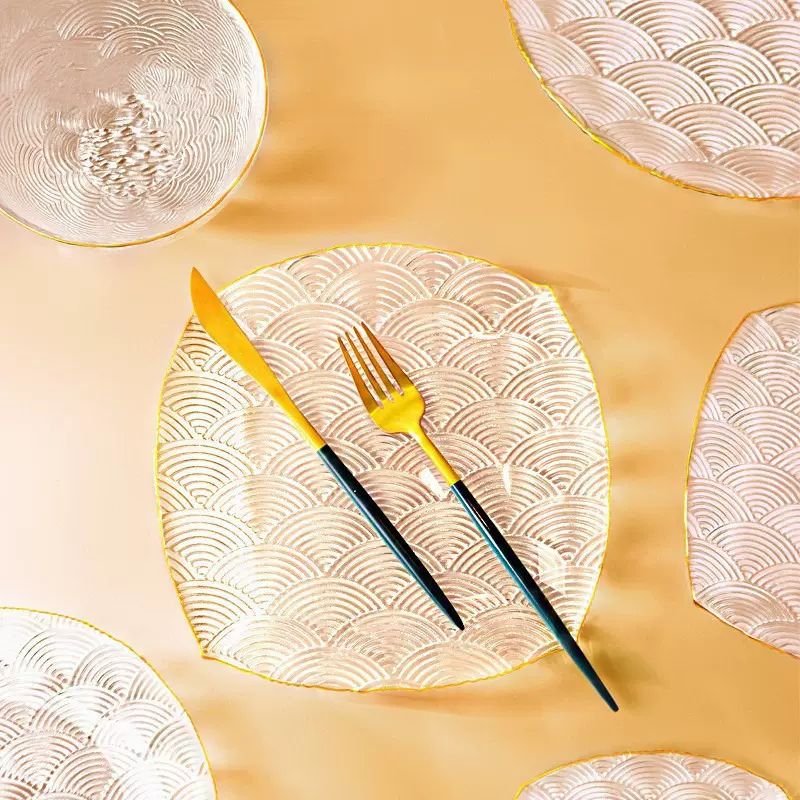 中式祥云纹家用玻璃碗盘套装高颜值果盘零食碗碟批发