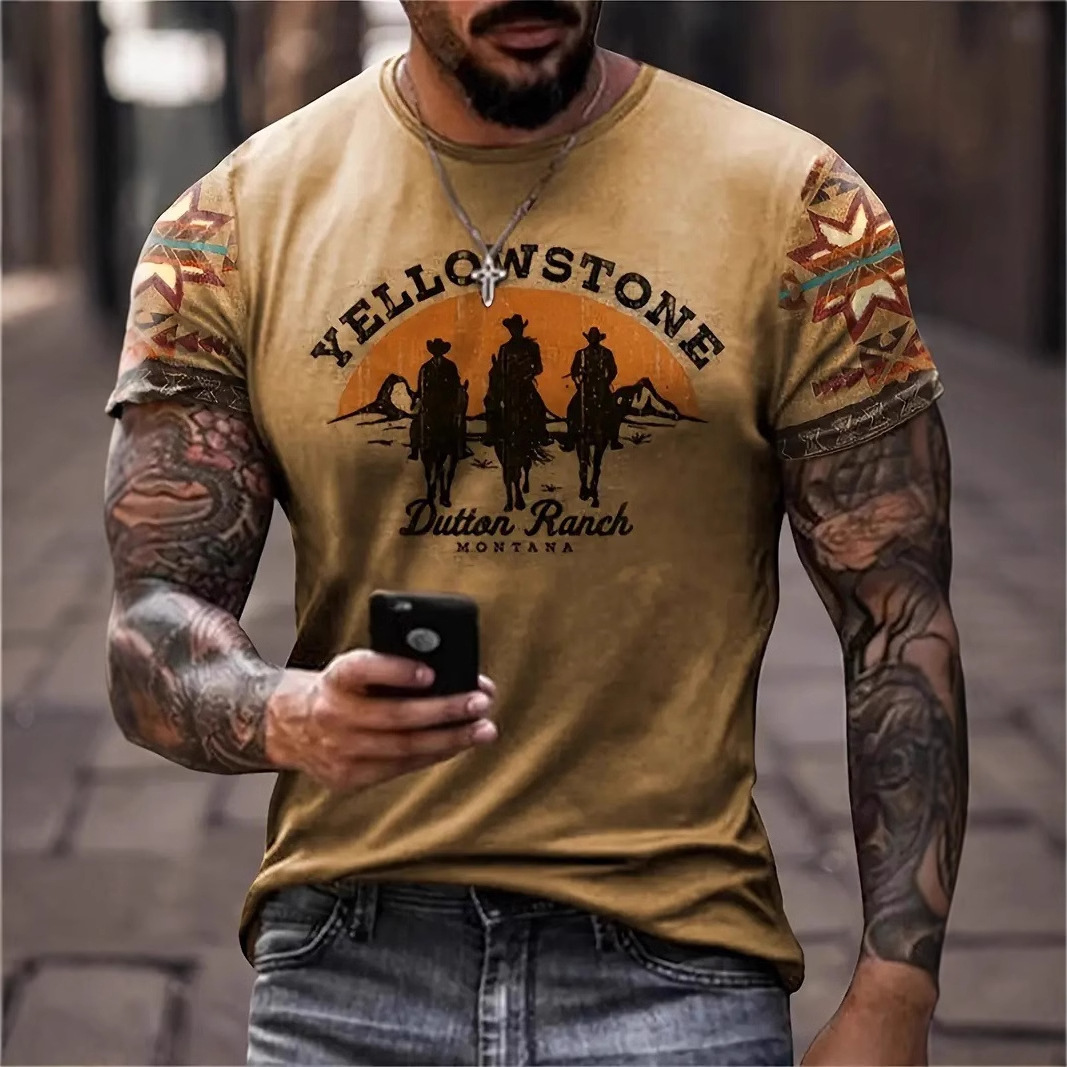 Camiseta de cuello redondo de manga corta transpirable de malla suelta casual para hombre con estampado 3D de camello del desierto retro clásico