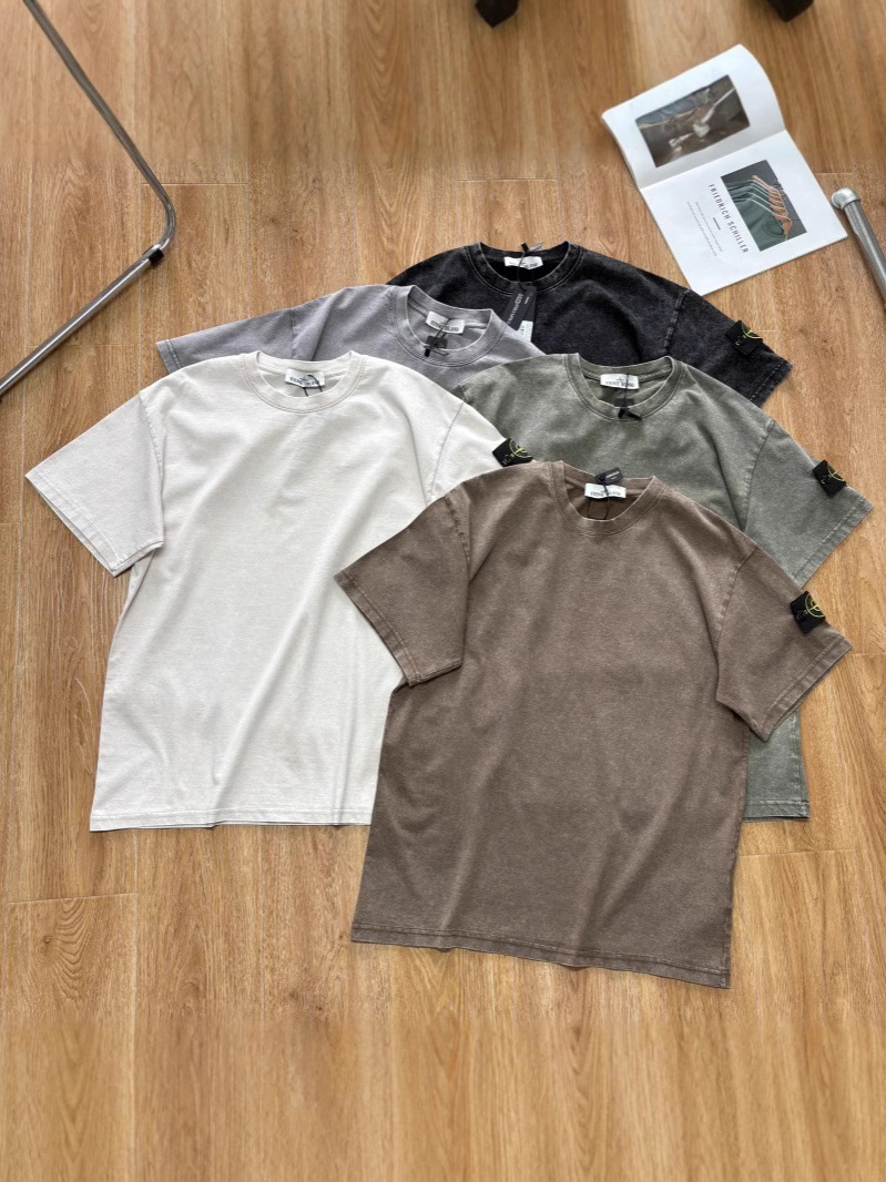 ストーンストーンストーン島ワックス染め水洗いレトロ古い純綿tシャツ男性クラシック腕章半袖女性カップル幅