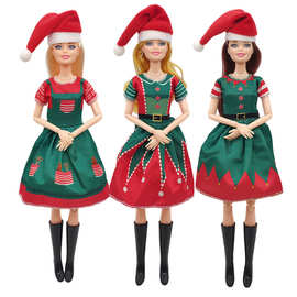 11寸30cm换装时尚芭芘洋娃娃公主裙儿童圣诞节女孩玩具圣诞帽套装