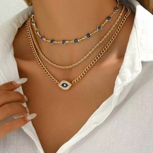 European and American Cross-Border Jewelry Devil's Eye Necklace Women's Fashion Light Luxury Niche Personality High-End Necklace Plain Chain Wholesale