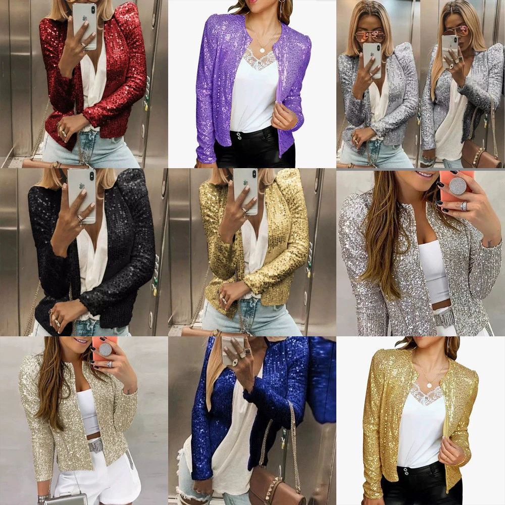 2026 Cross-Border Spring New European and American Women's Fashion Stand Collar Color-Block Sequin Jacket Short Versatile Jacket Long Sleeve