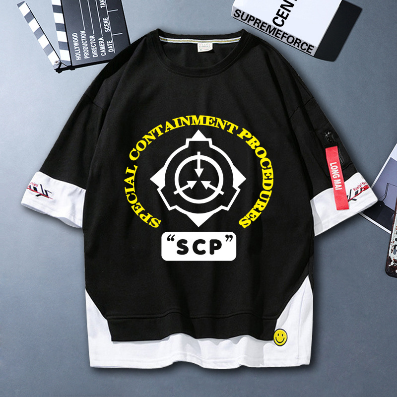 跨境批发游戏周边SCP基金会中二病也要谈恋爱衣服假两件短袖t恤男
