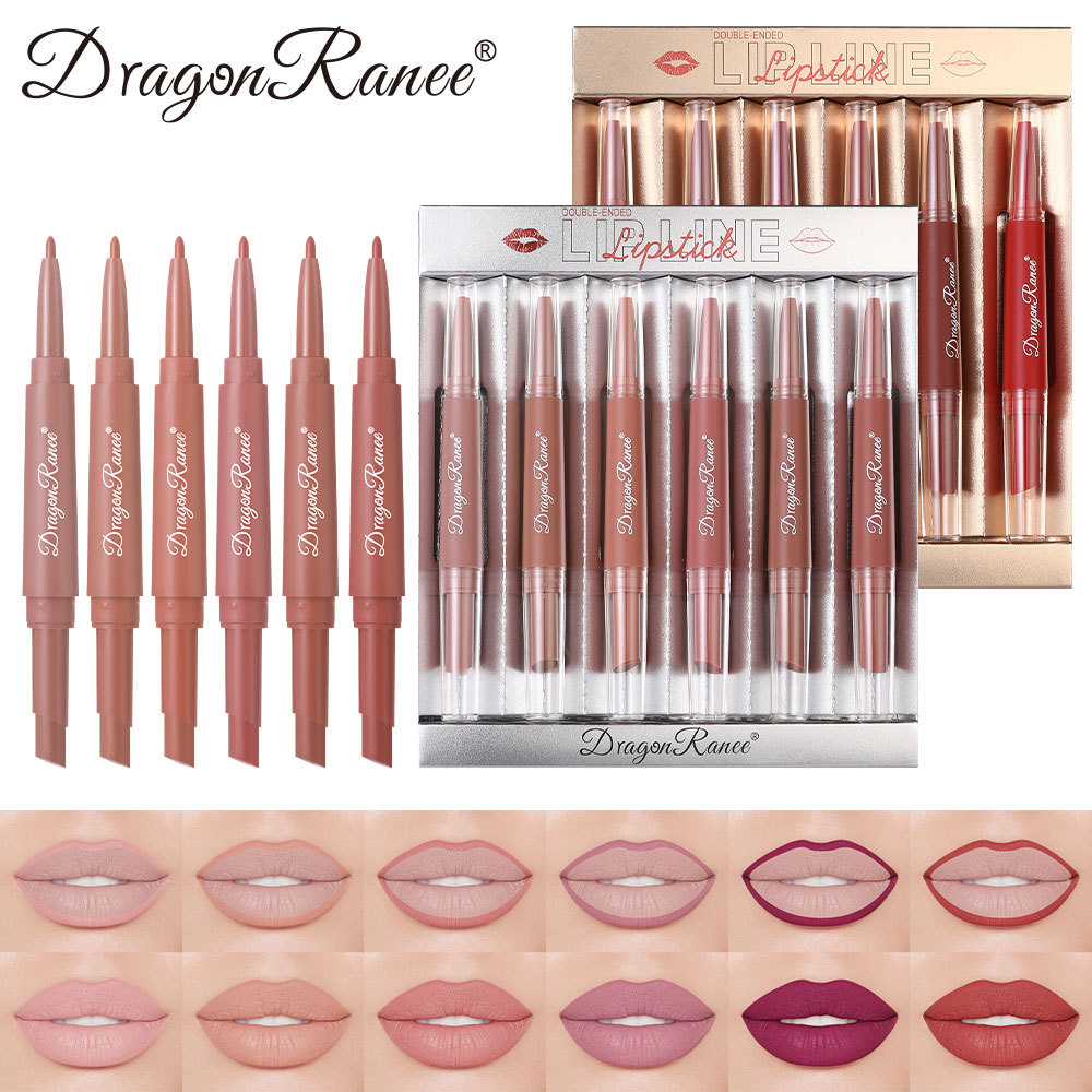 Dragonranee Cross-Border Double-Ended Lipstick + Lip Liner 6-Piece Set 2-in-1 Matte Matte Outline Lip Liner
