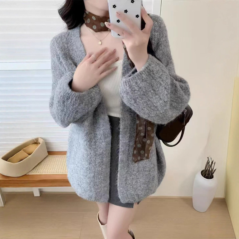 欧美跨境中长款毛衣女外套秋冬季新款纯色休闲慵懒风宽松针织开衫|undefined