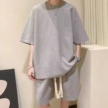 纯色华夫格套装男夏季薄款宽松大码短袖t恤五分短裤一套帅气搭配