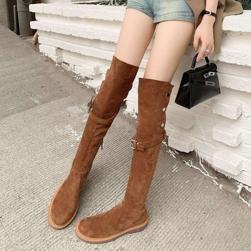 sukii レトロブラウンツーウェアメイラードスエードハイブーツ太ヒールニーハイブーツハイブーツレディース