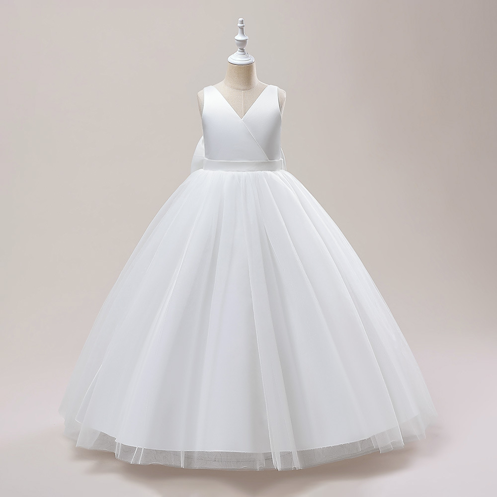 兒童禮服婚紗禮服女童網紗V領蓬蓬紗公主裙蝴蝶結鋼琴演出晚禮服