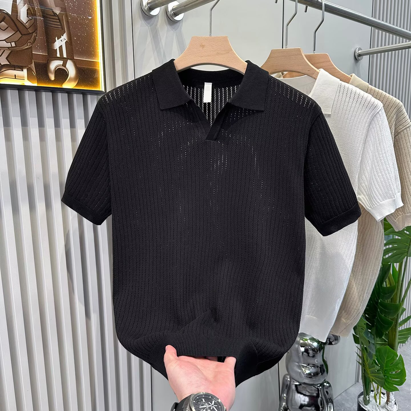Camisas de polo de manga corta de estilo antiguo, camisetas de punto de cuello en V de hombre, camisetas de textura hueca de gaviota, fábrica de verano al por mayor.