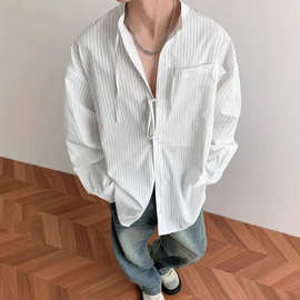 日系复古条纹衬衫男春季2025新款港风外套宽松休闲男生长袖衬衣潮