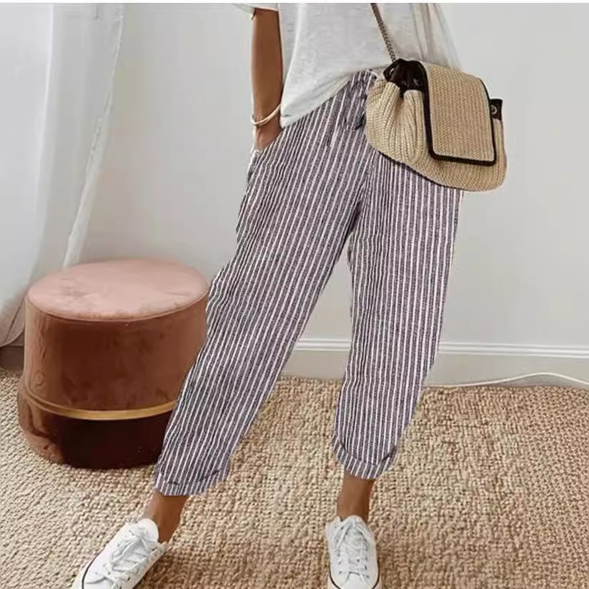 Amazon European and American Cross-Border 2025 Spring New Fashion Elegant Casual Stripesd Printed Loose Elastic Waist Women's Pants