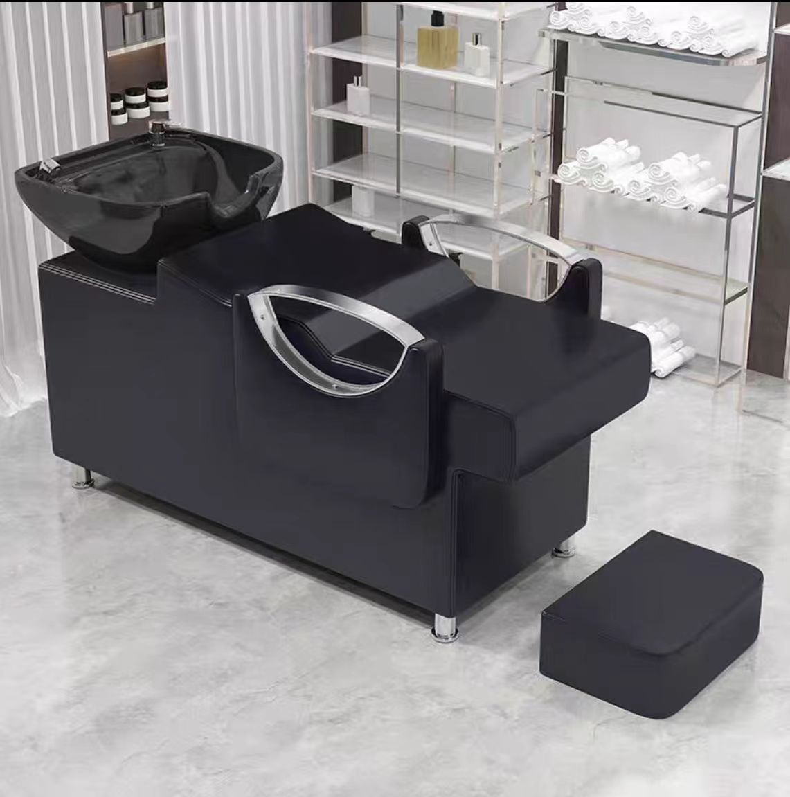 Cama de lavado de cabello para peluquería con reposapiés, lavabo de cerámica, cama de lavado de cabello semireclinable para peluquerías, cama de masaje y peluquería.