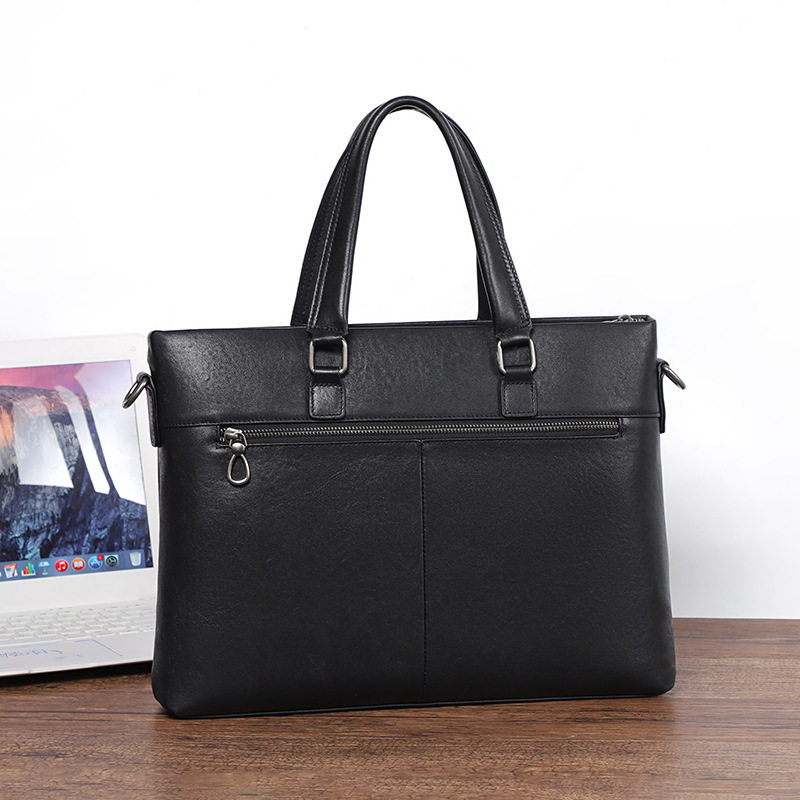 Túi xách nam da bò thật dạng cặp công sở mỏng đựng laptop 14 inch, 37×6×27 cm — Màu đen