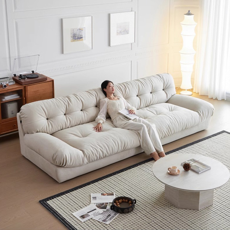 Sofá de nube línea recta crema estilo retrógrado anti-cat tela esmerizada pluma sofá de tres personas