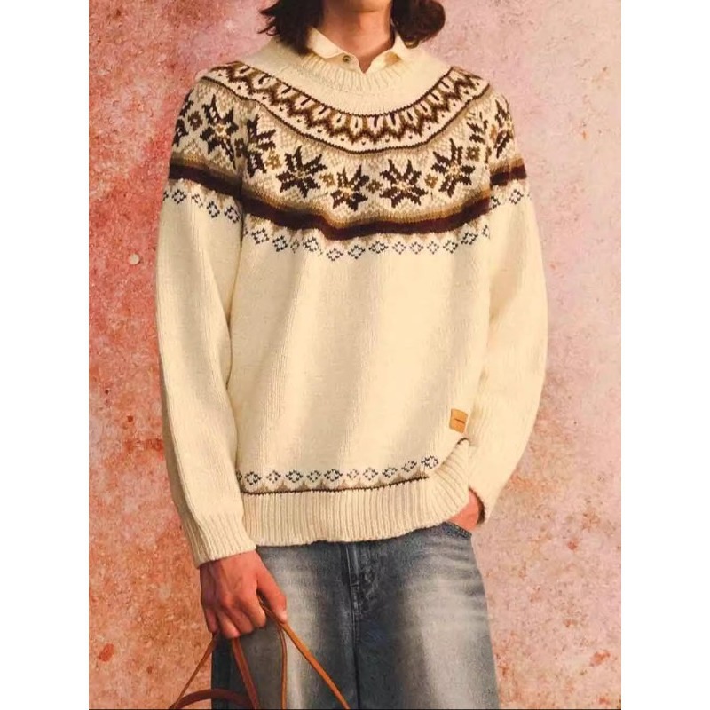 Men's Jacquard Knit Sweater Retro Color Block Round Neck Pullover_voghion.com