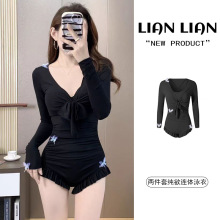 泳衣女款连体两件套长袖纯色保守显瘦修身钢托聚拢泡温泉泳衣批发