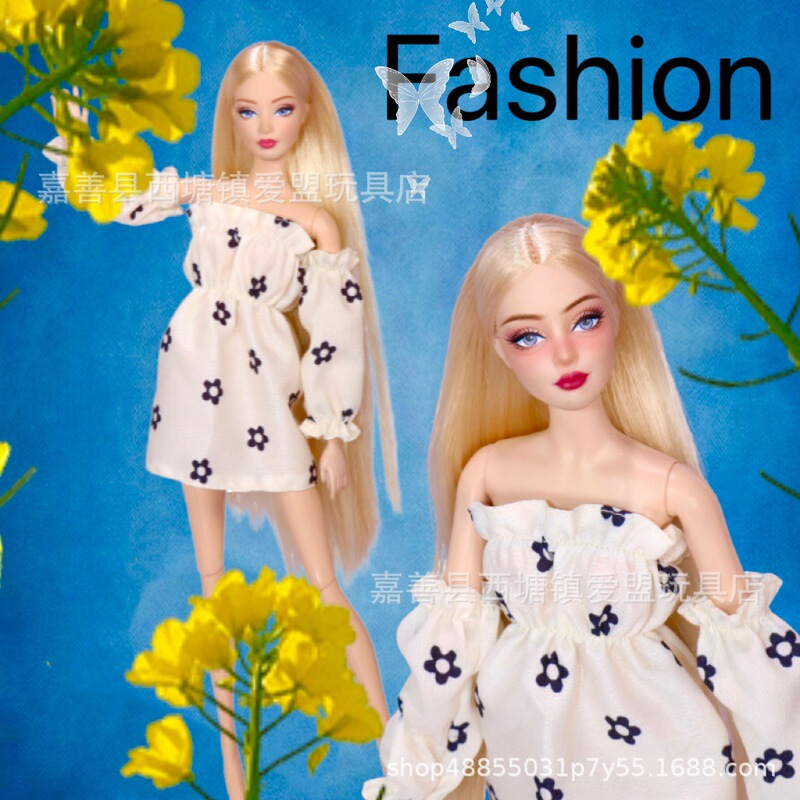 Wholesale 30cm Barbie Doll Clothes and Accessories, Puff Sleeve Floral Dress with Sweet Sleeves Set