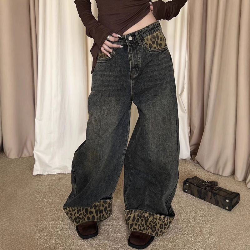 Trendy Stitching Y Vintage 2K Leopard Print Wide Leg Pants Jeans Women's All-match Niche American Style Loose Straight Pants Hanging