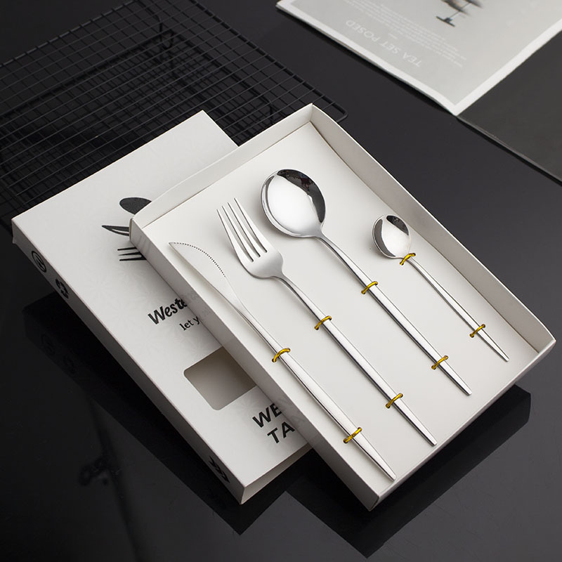 Amazon transfronterizo falso portugués 410 cubiertos de acero inoxidable cuchillo y tenedor cucharas 4 piezas set cuchillo y tenedor cucharas de filete set