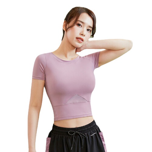 Women's Yoga Wear Polyester Running Cyber Celebrity Sexy Slimming Tight Top Short-Sleeved Midriff-Baring Sports Top Hollow-Out Fitness Clothing