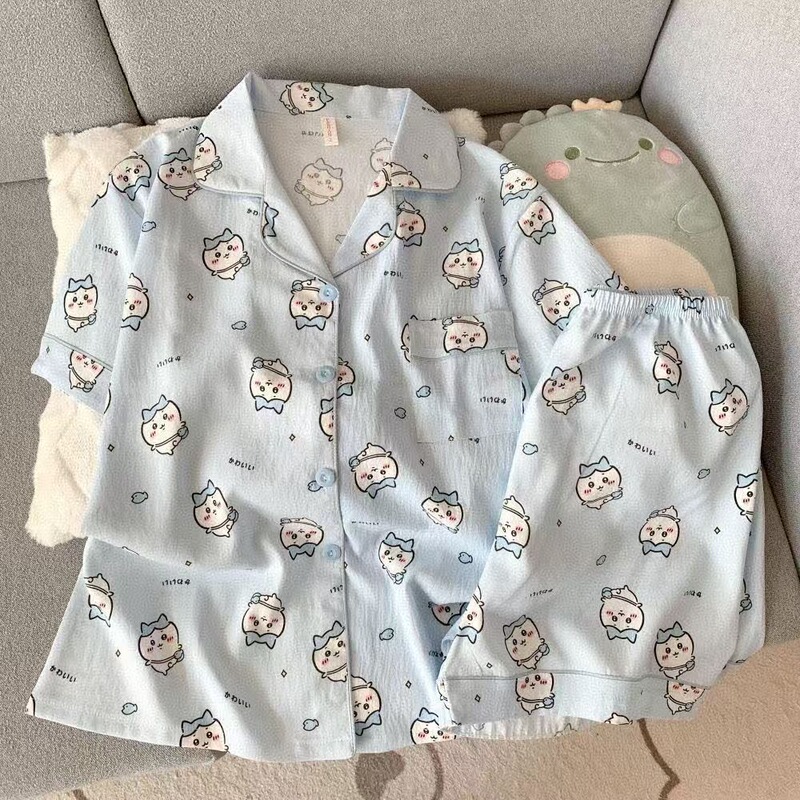 云朵棉短袖短裤睡衣女夏季卡通翻领可爱蓝色小八休闲风家居服套装|undefined