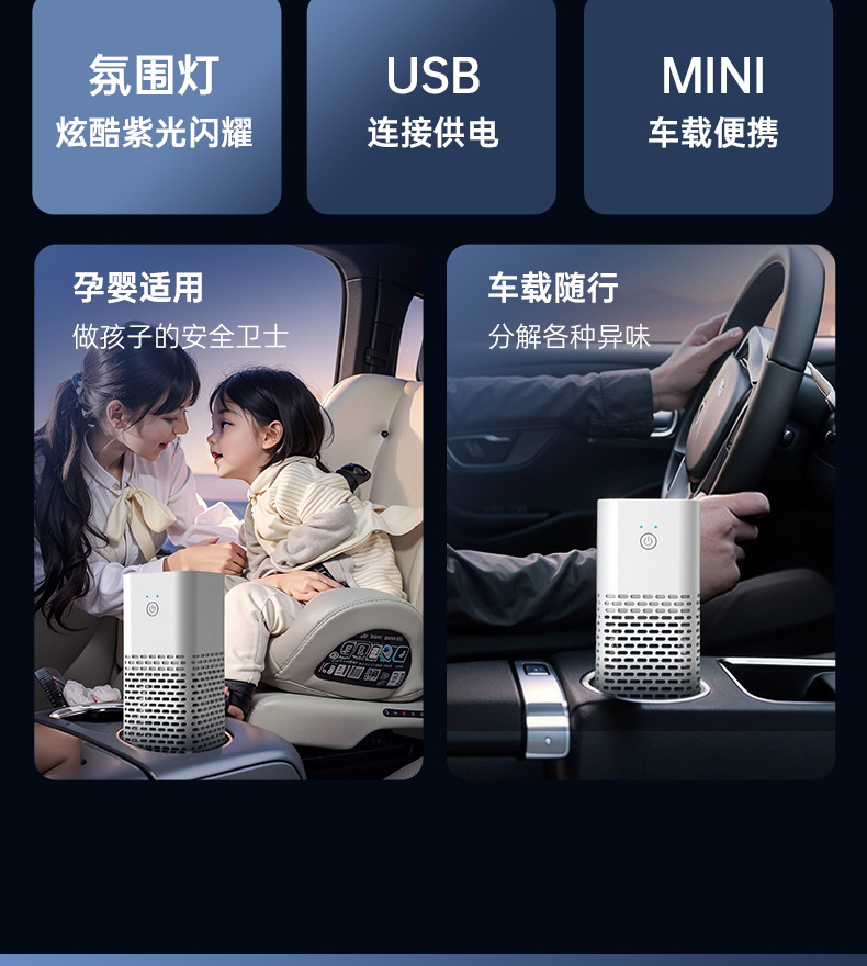 Vehicle-Mounted Air Purifier, Formaldehyde Removal, Odor Removal, Aromatherapy, Negative Ion Purifier, Bass Purification, Cross-Border