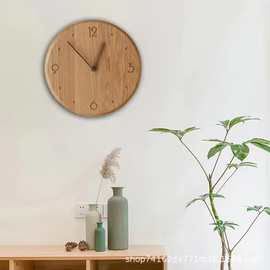 实木挂钟北欧简约现代圆形钟表客厅握手静音木质创意时钟