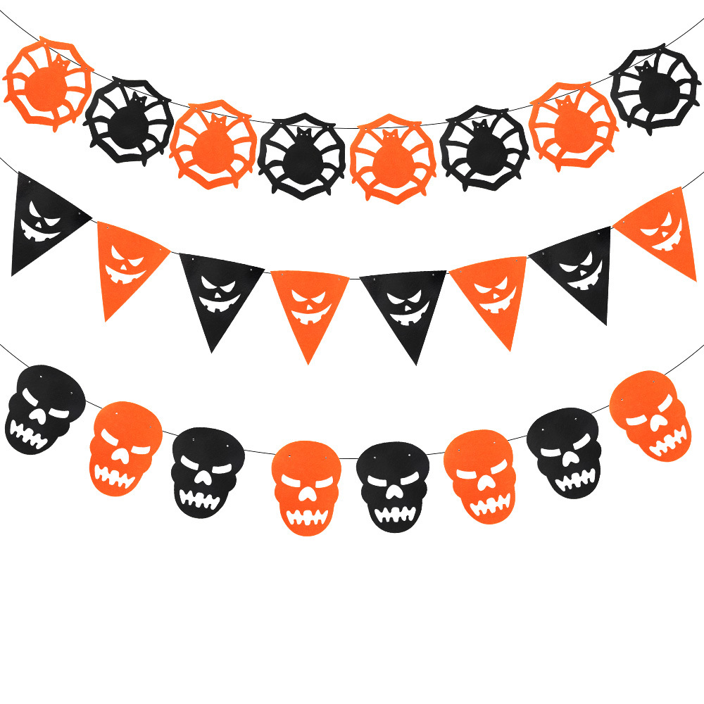Nueva bandera de halloween tela no tejida bandera de color naranja negro KTV bar decoración de fiesta esqueleto araña colgante tirar de flores