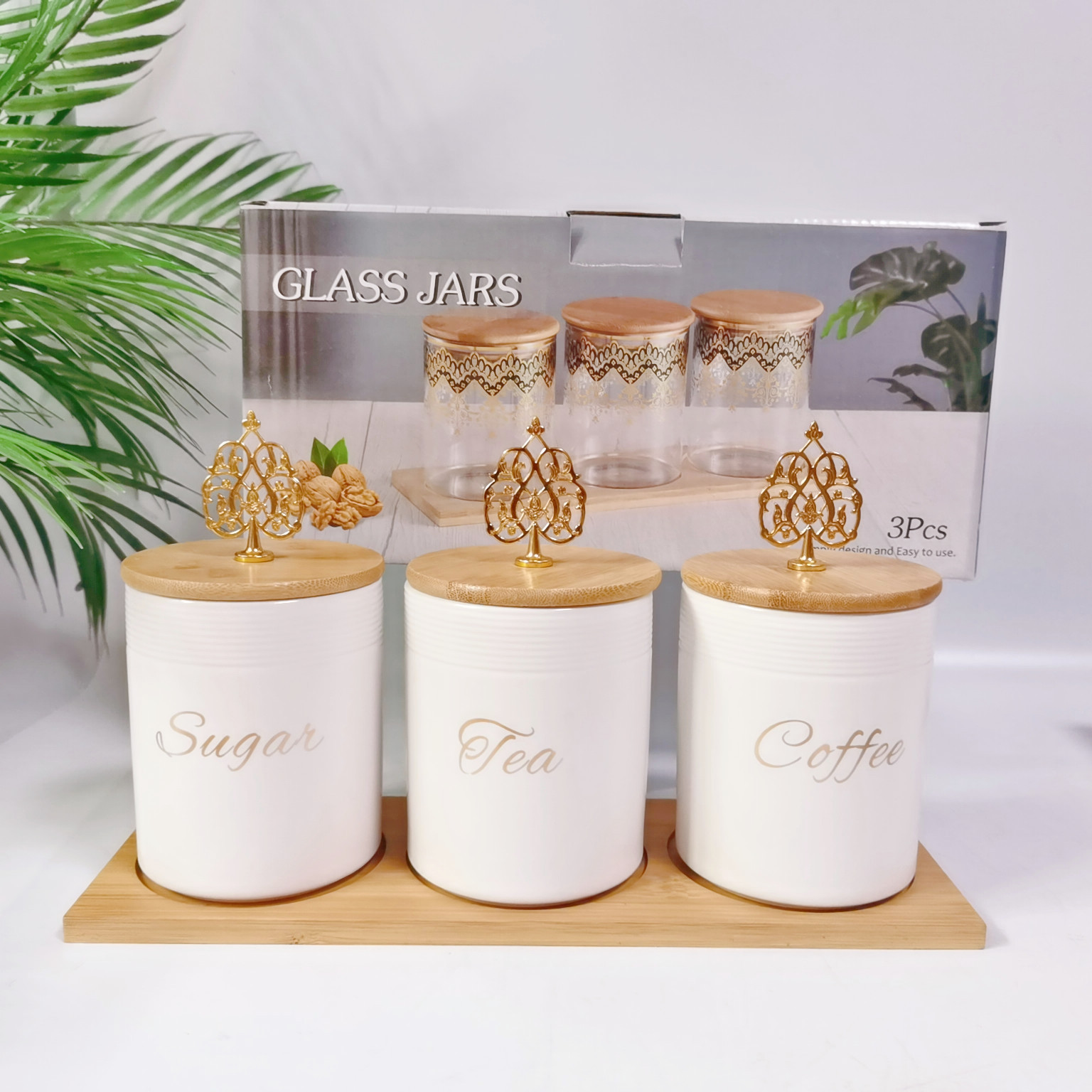 Comercio exterior transfronterizo Oriente Medio Exportar tarro sellado de cerámica con tapa de madera tarro de almacenamiento condimento de cocina tarro de té de café tarro