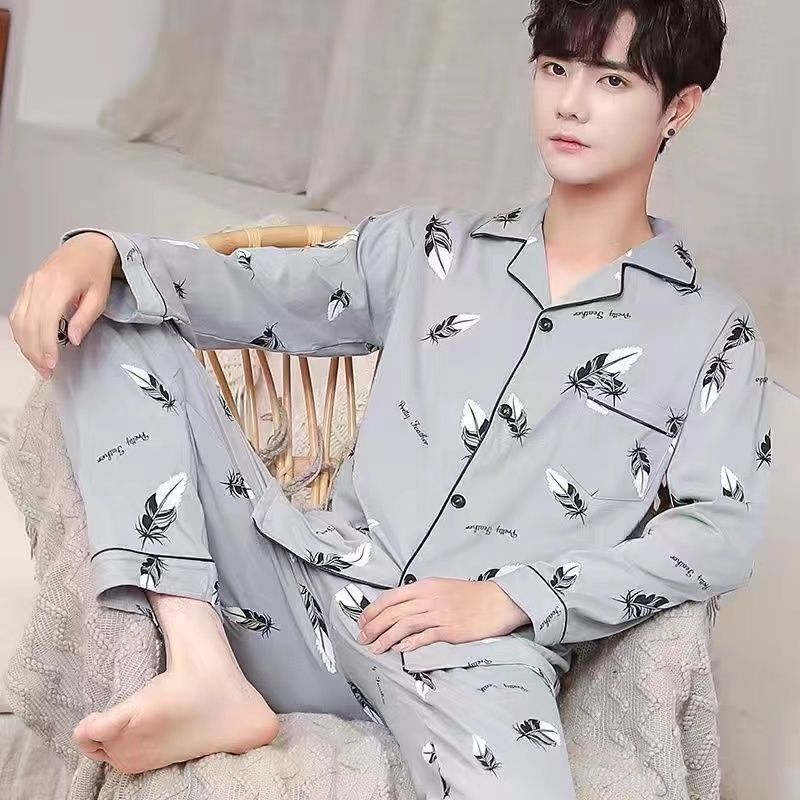 100% algodón de gama alta de los hombres pijamas de primavera y otoño de manga larga de solapa suelta traje de mediana edad desgaste del hogar